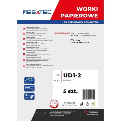 Worki papierowe Megatec uniwersalne do odk. domowych, wlot z góry, kpl. 5 szt MGUD1-2